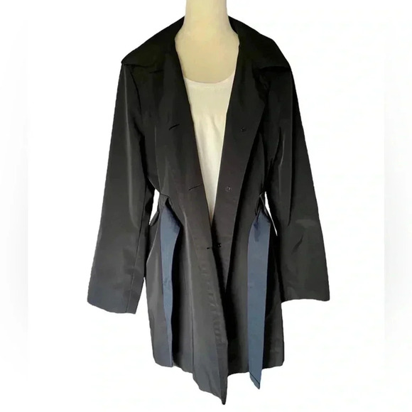 London Fog Belted Button Front Hooded Trench Coat Black Women Size L - Picture 9 of 11